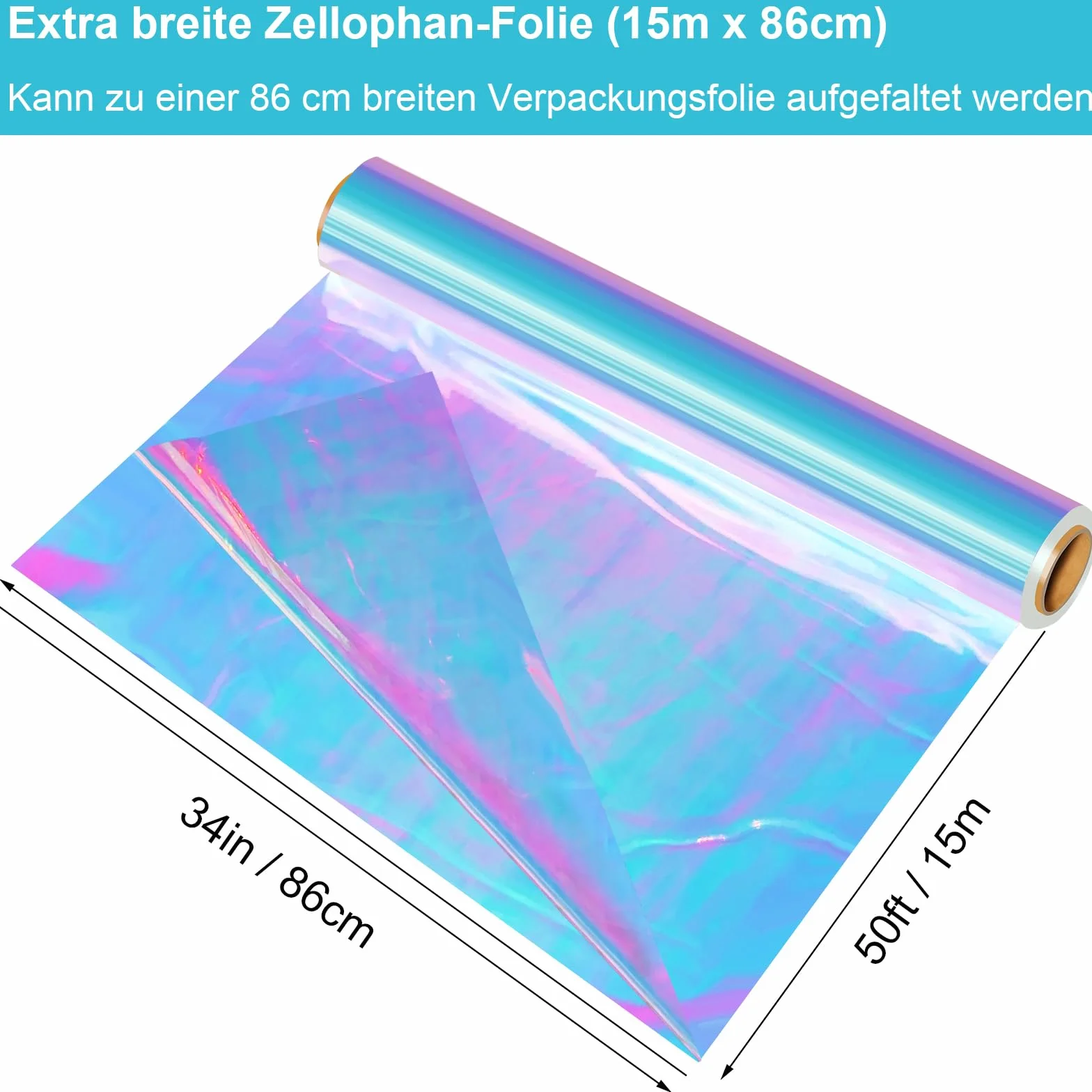Rotolo di Pellicola Iridescente in Cellophane Trasparente, 86 cm x 15 m, per Confezioni Regalo, Arcobaleno, Imballaggio per Matrimoni