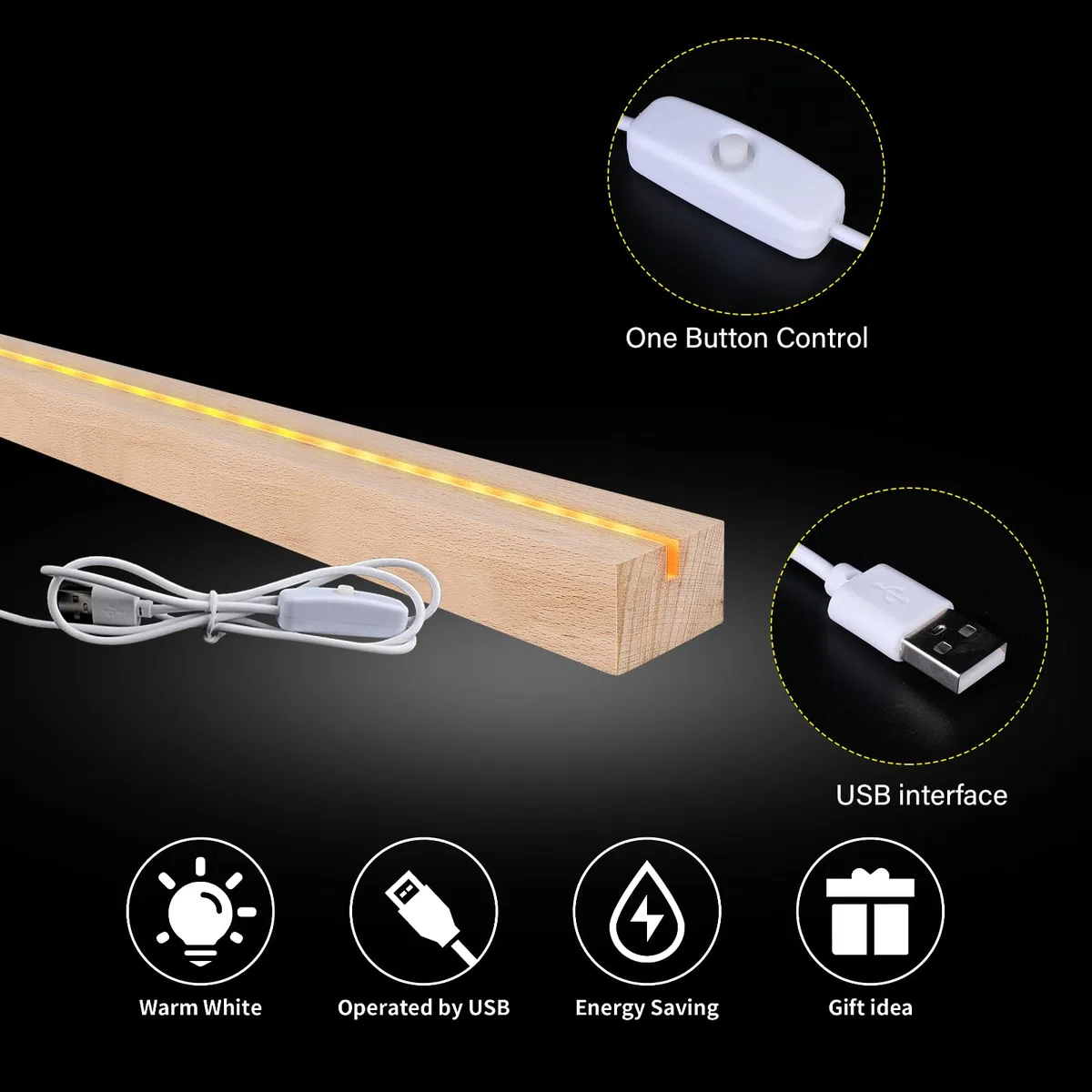 Vegena BY-YQ-TongCao - Base luminosa a LED in legno, con interruttore USB, per display da tavolo, in acrilico, lunghezza 30 cm, luce bianca calda, 2 pezzi