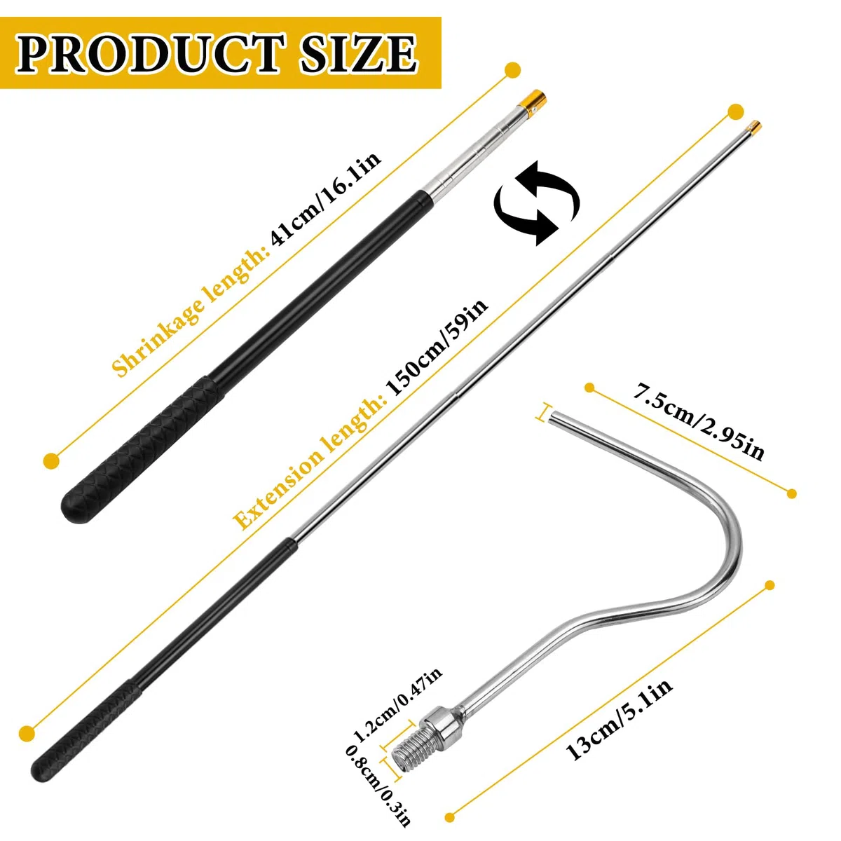 Asta telescopica con gancio 41cm-150cm Apritenda telescopico con gancio Gancio di trazione per scale retrattili, Asta telescopica Gancio a serpente, per camper, Accessori portatili