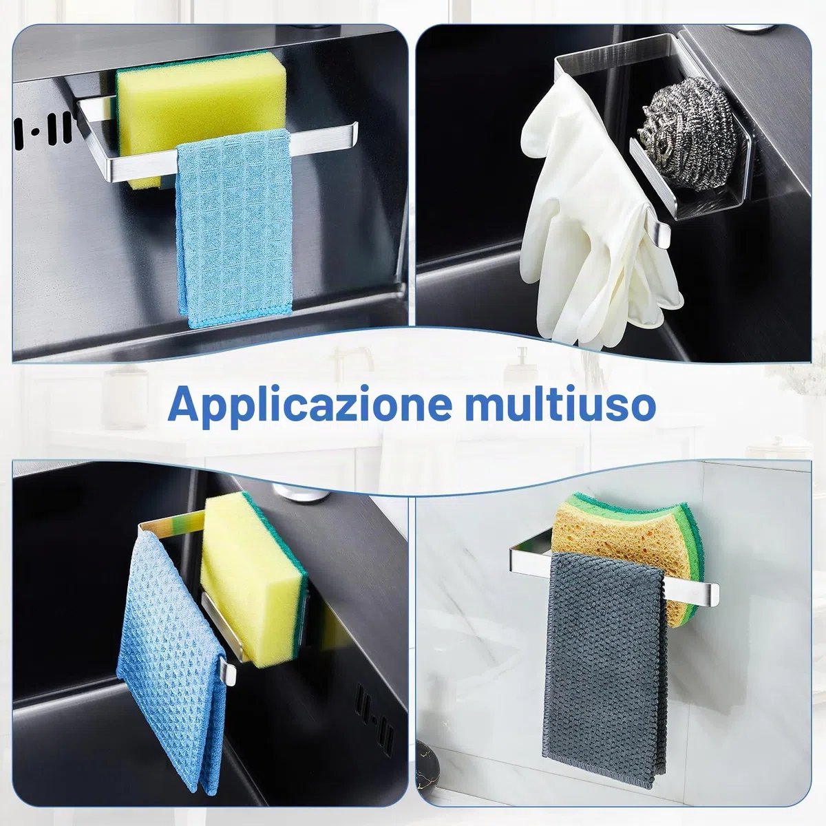 Porta Spugne Lavello Cucina, Portaspugne per Lavello Cucina Autoadesivo, 2 in 1 Porta Spugnette Lavandino Cucina da appendere, Acciaio Inox Porta Stracci Cucina, Argento