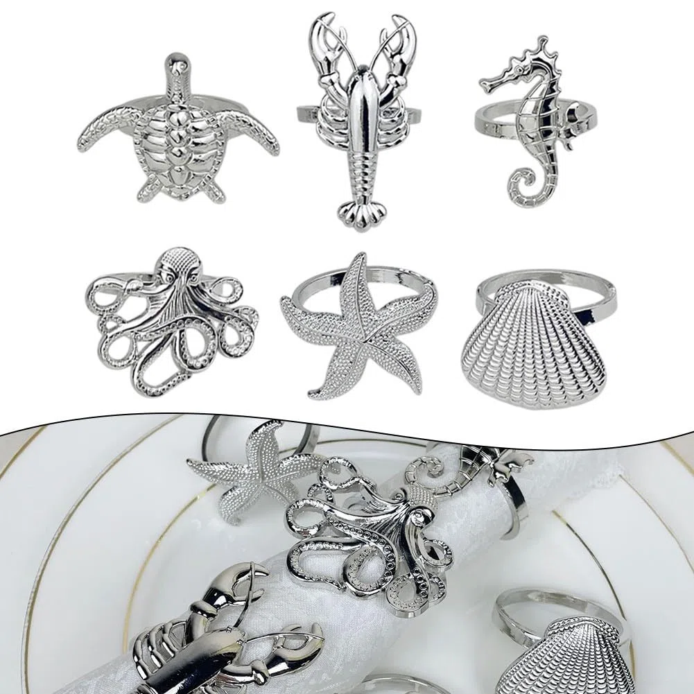 Maritim - Tovaglioli decorativi in metallo, 6 pezzi, motivo: animali marini (argento)