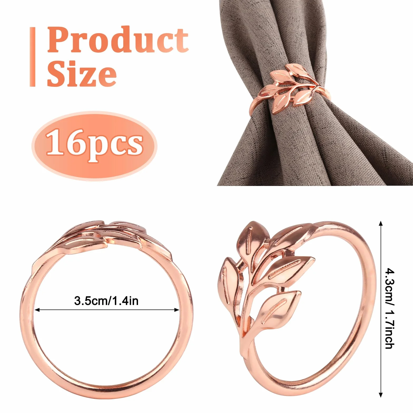 16 Pezzi Porta Tovaglioli da Tavolo, Portatovaglioli da Tavola in Metallo, Porta Tovaglioli a Forma di Foglia, Tovaglioli Fibbia Elegante per Matrimonio, Cena di Famiglia (Oro rosa, 4cm)