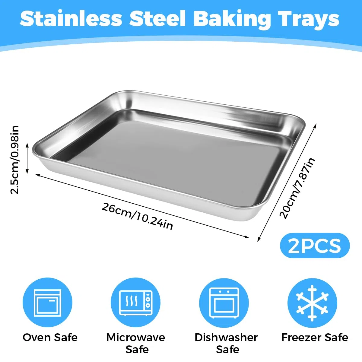 2 Pezzi Teglia Forno Rettangolare, Teglia Pizza Rettangolare, Teglie da Forno in Acciaio Inox, Antiaderente, Atossica e Sana, Lavabile In Lavastoviglie, per Arrostire e Servire(26 x 20 x 2.5cm)