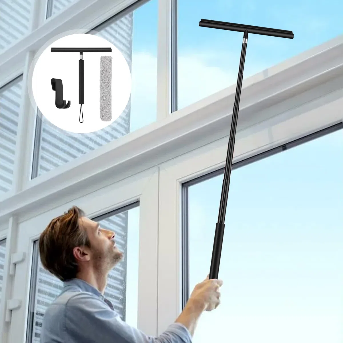 Lavavetri Telescopico 30-140cm, Tergivetro per Doccia, Tira Acqua da Doccia e Pavimenti, con Copertura in Tessuto e Gancio, Accessori Bagno per Pulizia Vetri Finestre, Specchi e Auto