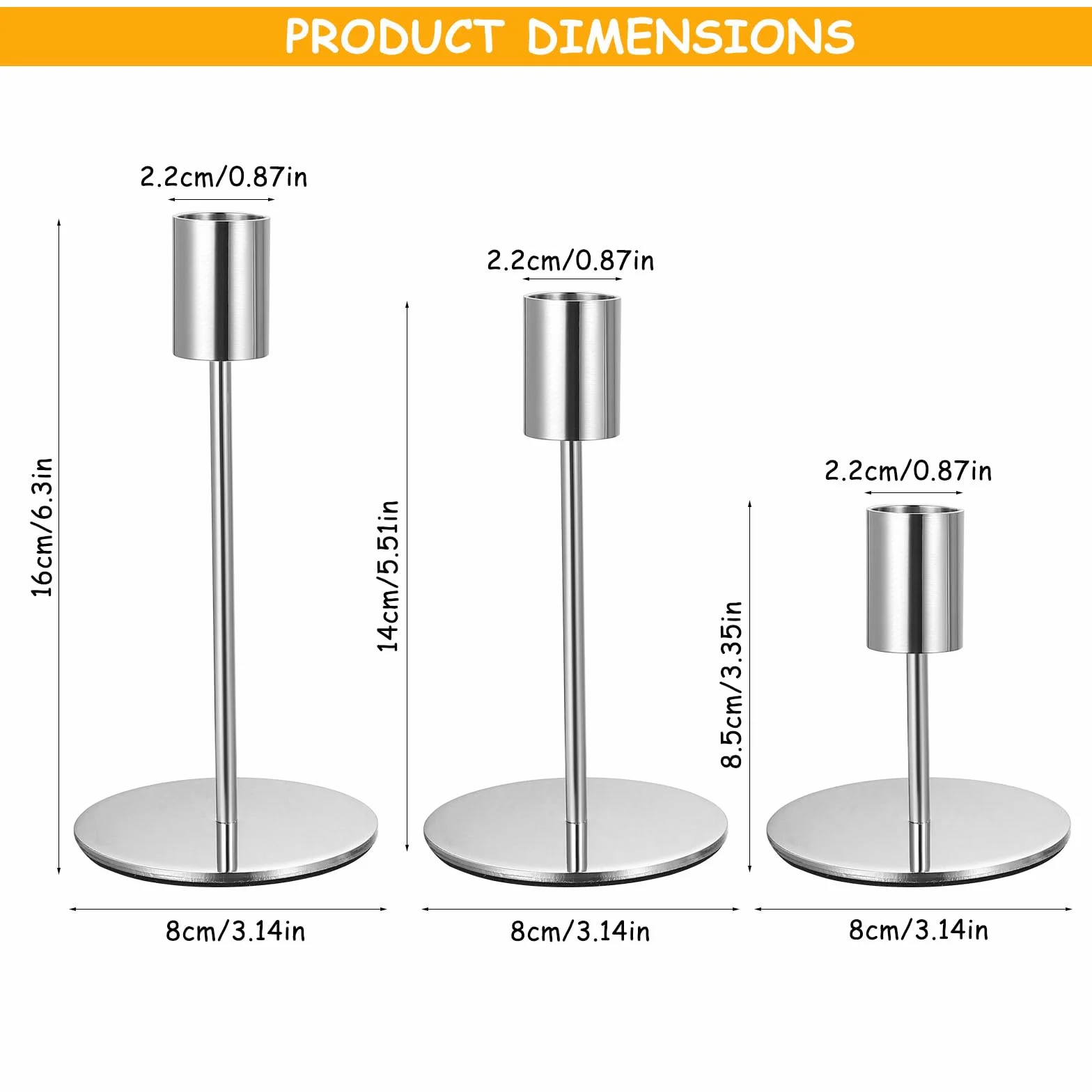 3 Pz Porta Candele da Tavolo, Portacandele Argento, 8.5/14/16cm Candelabro Portacandele in Metallo per Candela cilindrica, Candeliere da Tavolo per Matrimoni Compleanni Natale Decorazioni(Argento)