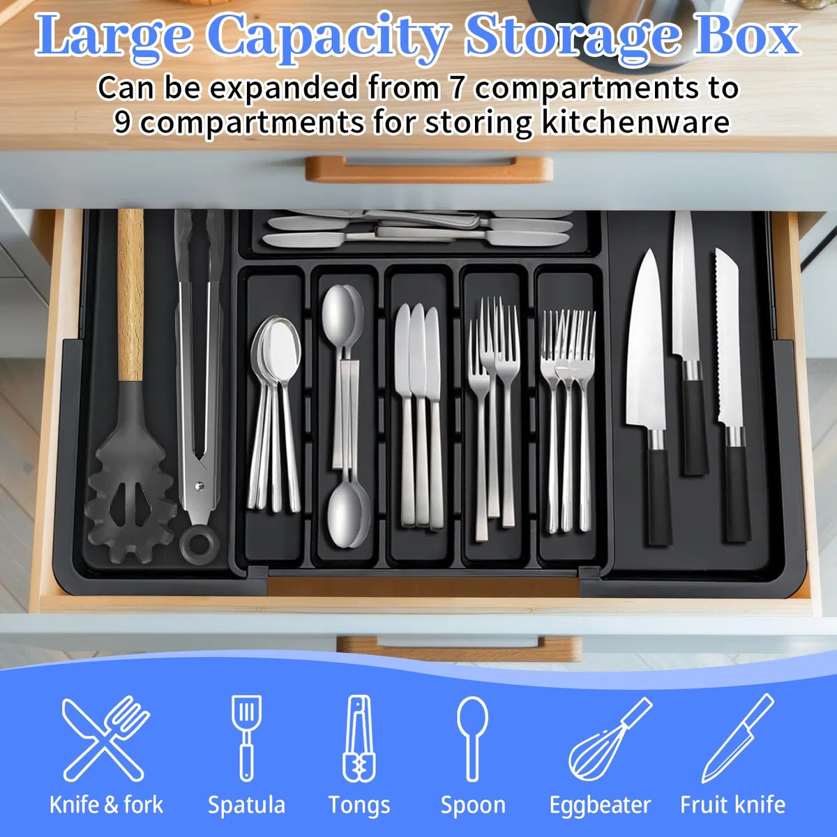 ROELLY Portaposate Da Cassetto, Porta Posate Cucina Con 9 Scomparti, In Silicone 37 * 33 cm, per Riporre Le Posate Da Cucina e I Cassetti, Nero