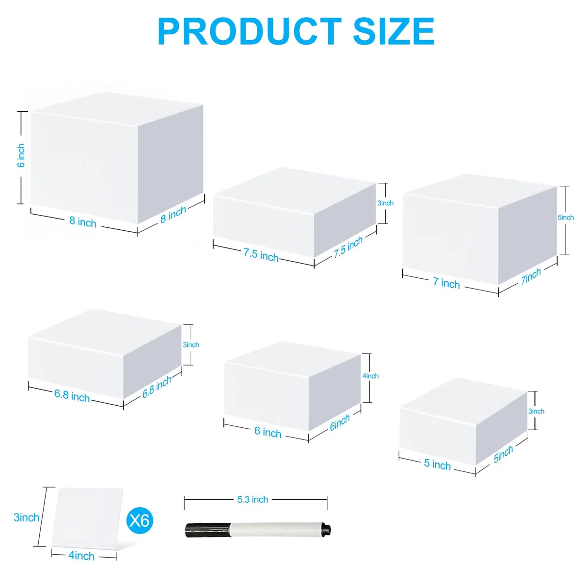 6 zoccoli in acrilico per alimenti, supporto bianco per dessert per buffet, torre per cupcake, alzata per torte, spettacoli di gioielli, eventi di catering (20,3 cm + 19,1 cm + 17,8 cm + 17,3