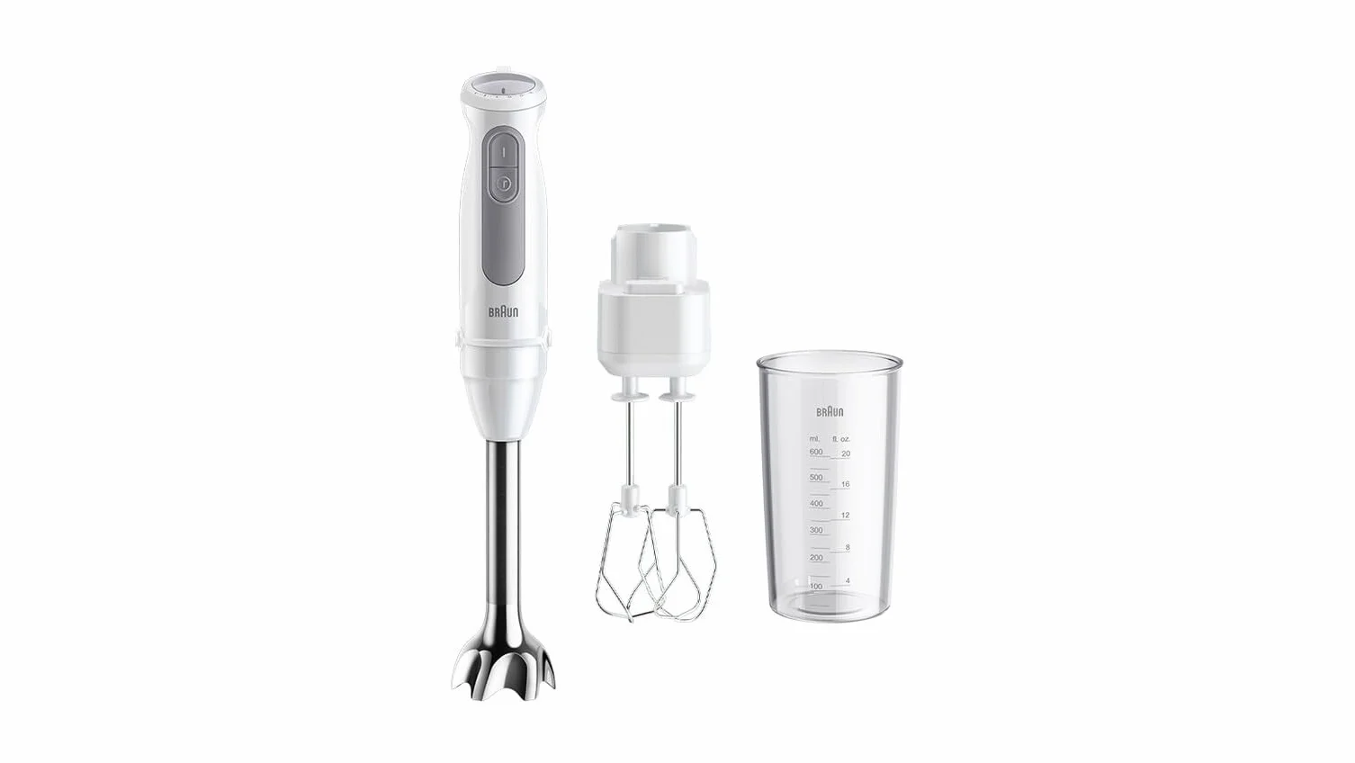 Braun MultiQuick 5 MQ50.501M, Minipimer con Tecnologia PowerBell Plus, 21 Velocità+Turbo, Sistema EasyClick Plus, Asta in Acciaio Inox, Doppia Frusta e Bicchiere 600ml Graduato, 1000W, Bianco