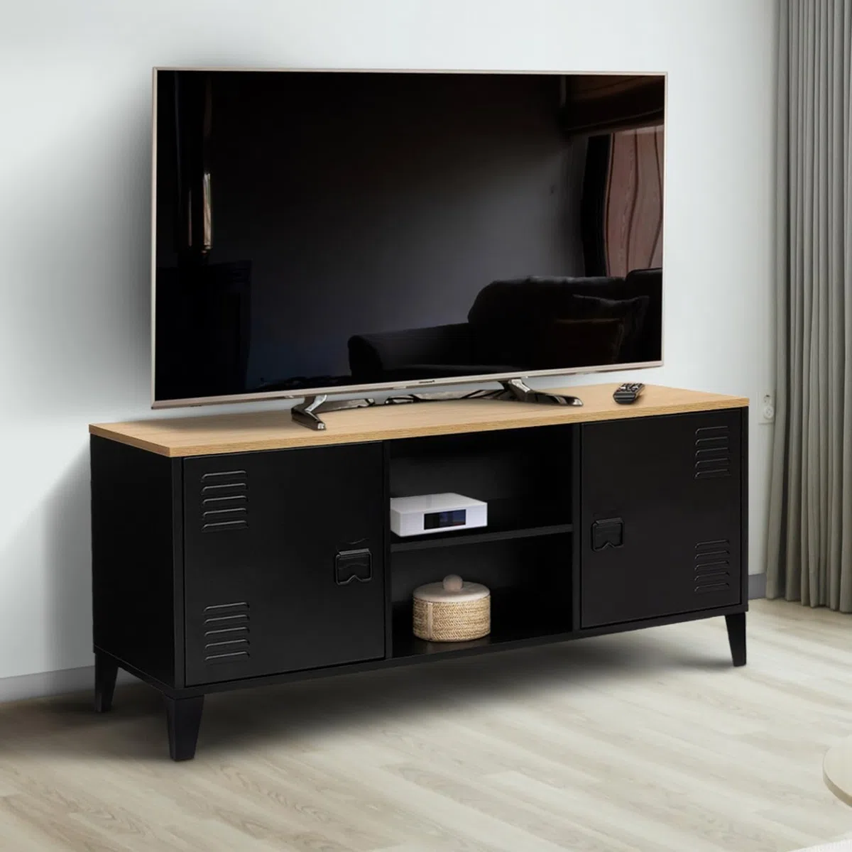 IDMarket - Mobile TV ESTER 113 cm con 2 ante in metallo nero e piano in legno industriale