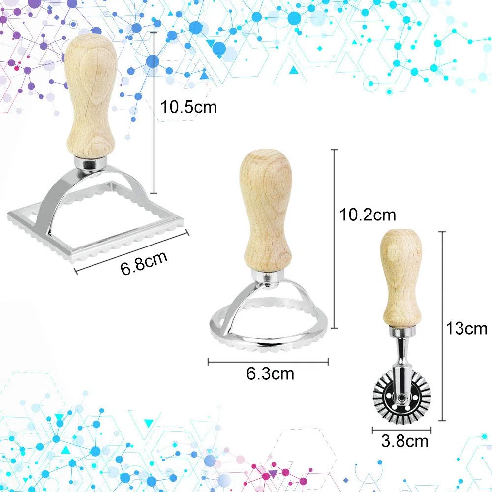 3 Pezzi Timbri per Ravioli in Acciaio Inox Taglierine Stampi per Biscotti con Manico in Legno Ravioli Maker a Bordi Scanalati per Ravioli Pasta Gnocchi Lasagna e Biscotti(3 Misure)