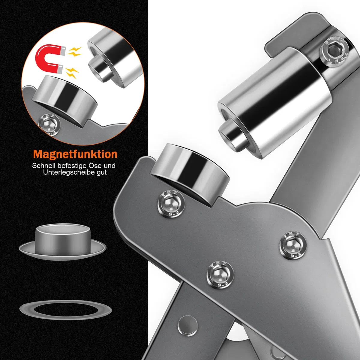Pinza per occhielli, set professionale con 300 occhielli (diametro 10 mm), pressa per occhielli, set di pinze per occhielli in acciaio temprato, pinza magnetica con occhielli per teloni,