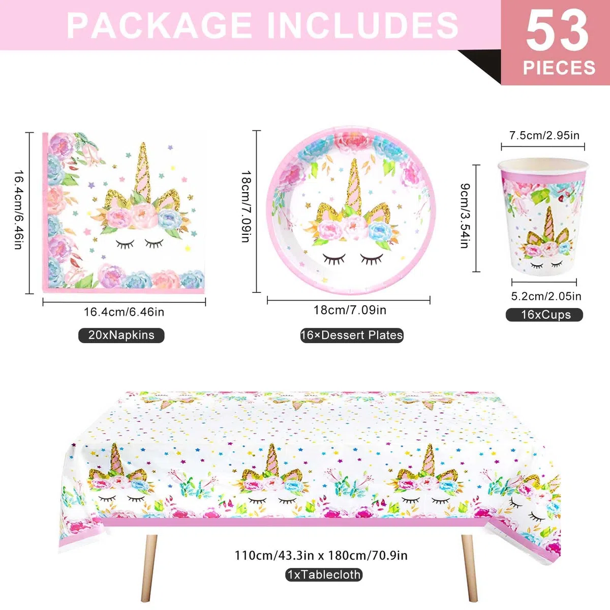 Bikasun Set di stoviglie per feste con unicorno, 16 ospiti, set di piatti con unicorno, per compleanno, per bambini, piatti di carta, tovaglioli, tovaglioli, decorazione per feste