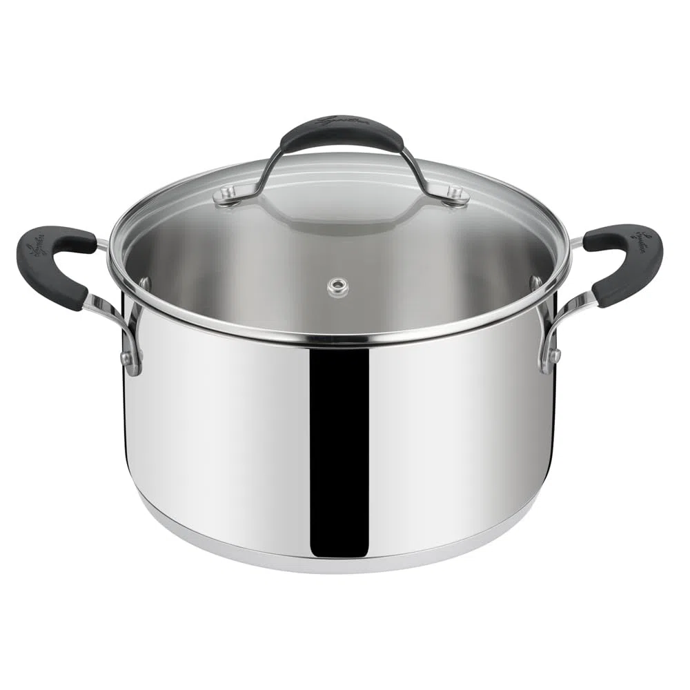 Lagostina Tempra Acciaio Casseruola Fonda e Coperchio, Casseruola Ø 24 cm in Acciaio Inox 18/10 + Coperchio in Vetro, con Fondo Lagotherm e Maniglie in Silicone
