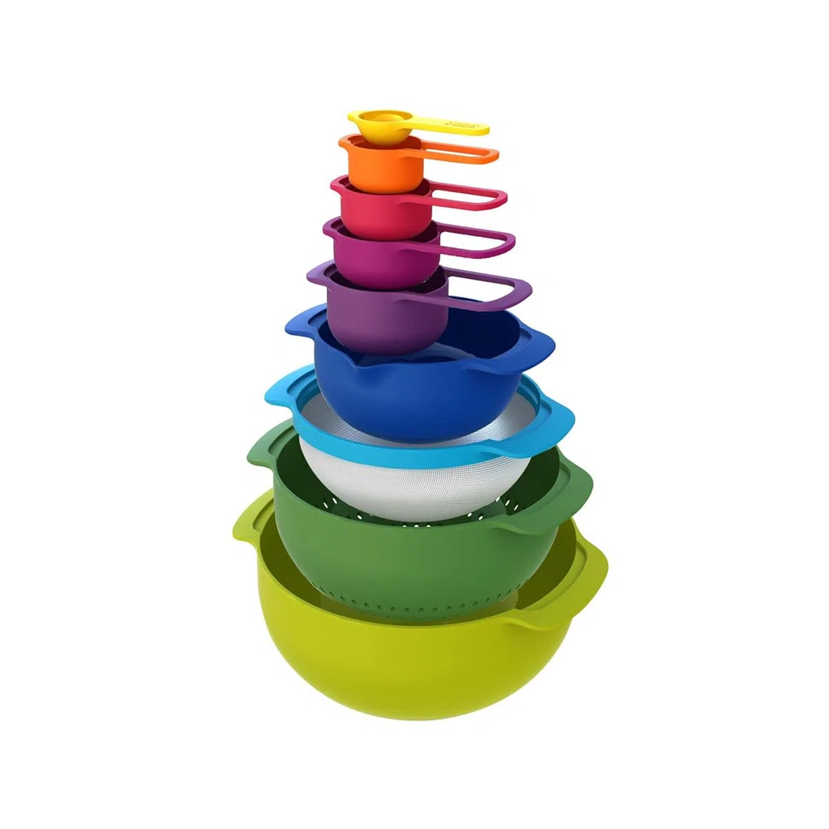 Joseph Joseph Nest 9 Plus, set compatto per la preparazione dei cibi con ciotole per mescolare, misurini, setaccio e colino, multicolore