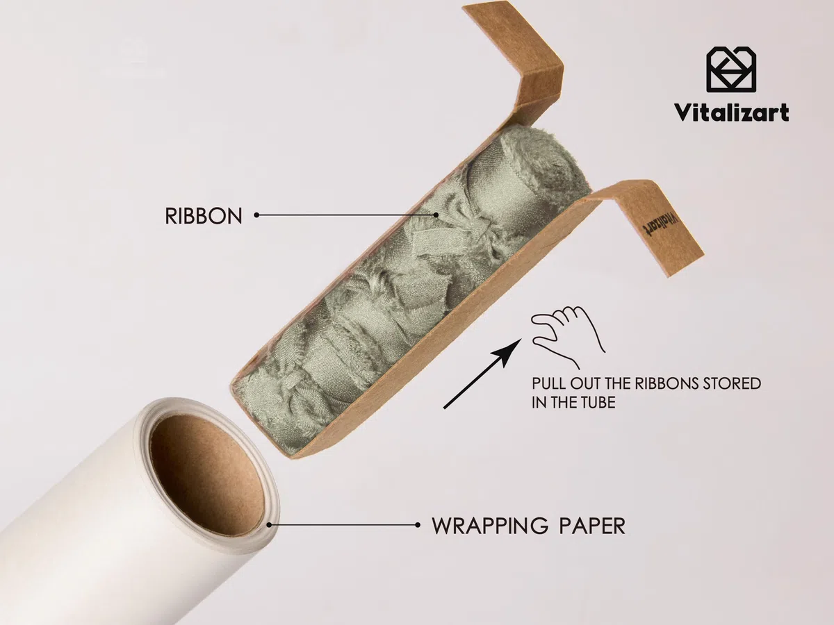 Vitalizart 43cm x 5m Carta da Regalo Bianco, Perlata con Nastro di Raso di Chiffon Verde Salvia & Etichette Regalo Riciclabili, Rotolo di Carta da Regalo per Natale, Compleanno & Matrimonio