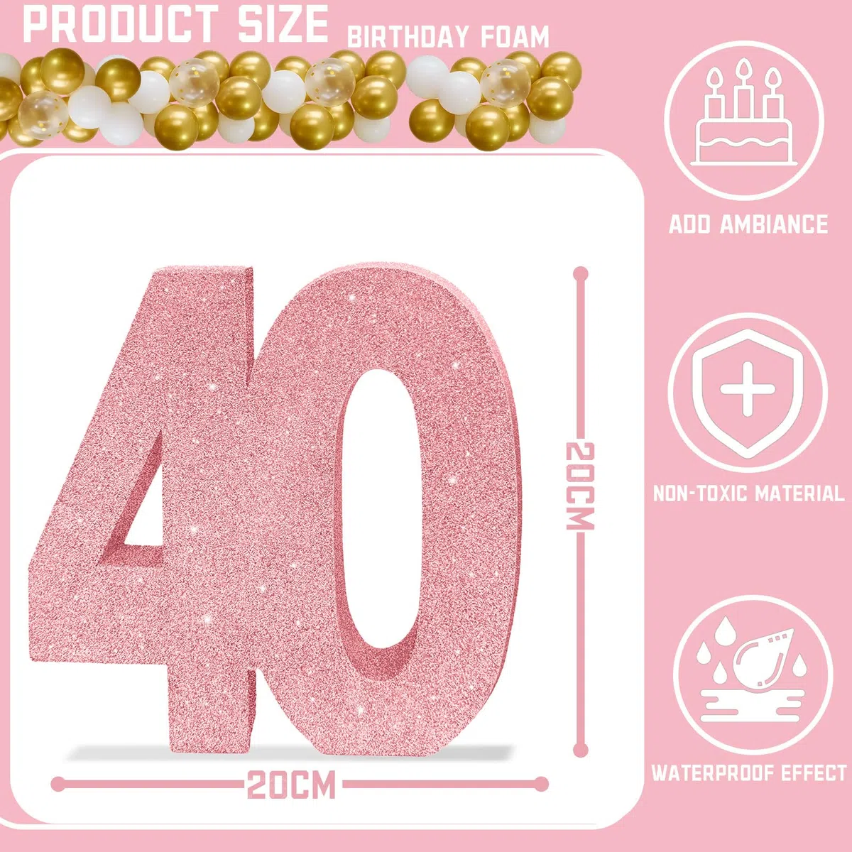 Numero 40 - Decorazione Centrotavola Glitterata Rosa, Decorazioni da Tavolo per il 40° Compleanno per Donne, 20 cm, Scintillante Numero 40 Topper da Tavolo per Decorazioni da Tavolo per Compleanno