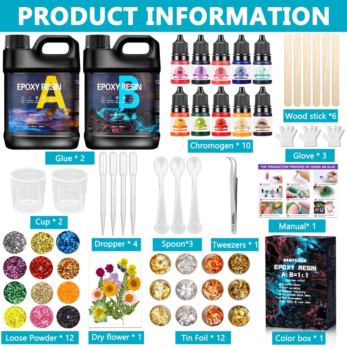 MOYKSRR Resina Epossidica Trasparente Kit Principianti 512ml Completo con Glitter per Creazione Gioielli Fai da Te Legno Pittura Decorazione Artigianale