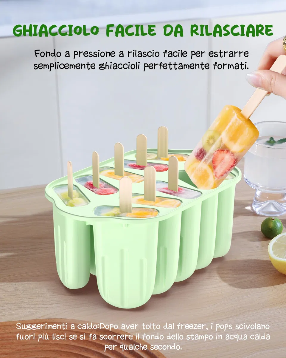 Stampi per Ghiaccioli in Silicone, Silicone Stampi per Gelato senza BPA, 10 Cavità Formine Ghiaccioli Riutilizzabili, Stampi per Ghiaccioli Spazzola per la Pulizia e Coperchio, per DIY Ghiaccioli