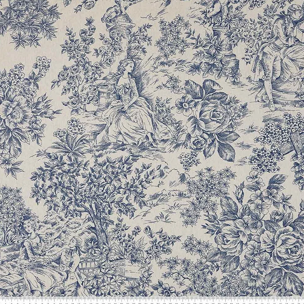 Kt KILOtela - Tela stampata in tela, decorazione, tappezzeria, cuscini, tovaglie, borse, artigianato, 100 cm lunghezza x 280 cm larghezza, romantico, paesaggio, toile de jouy, blu, crudo ─ 1 metro