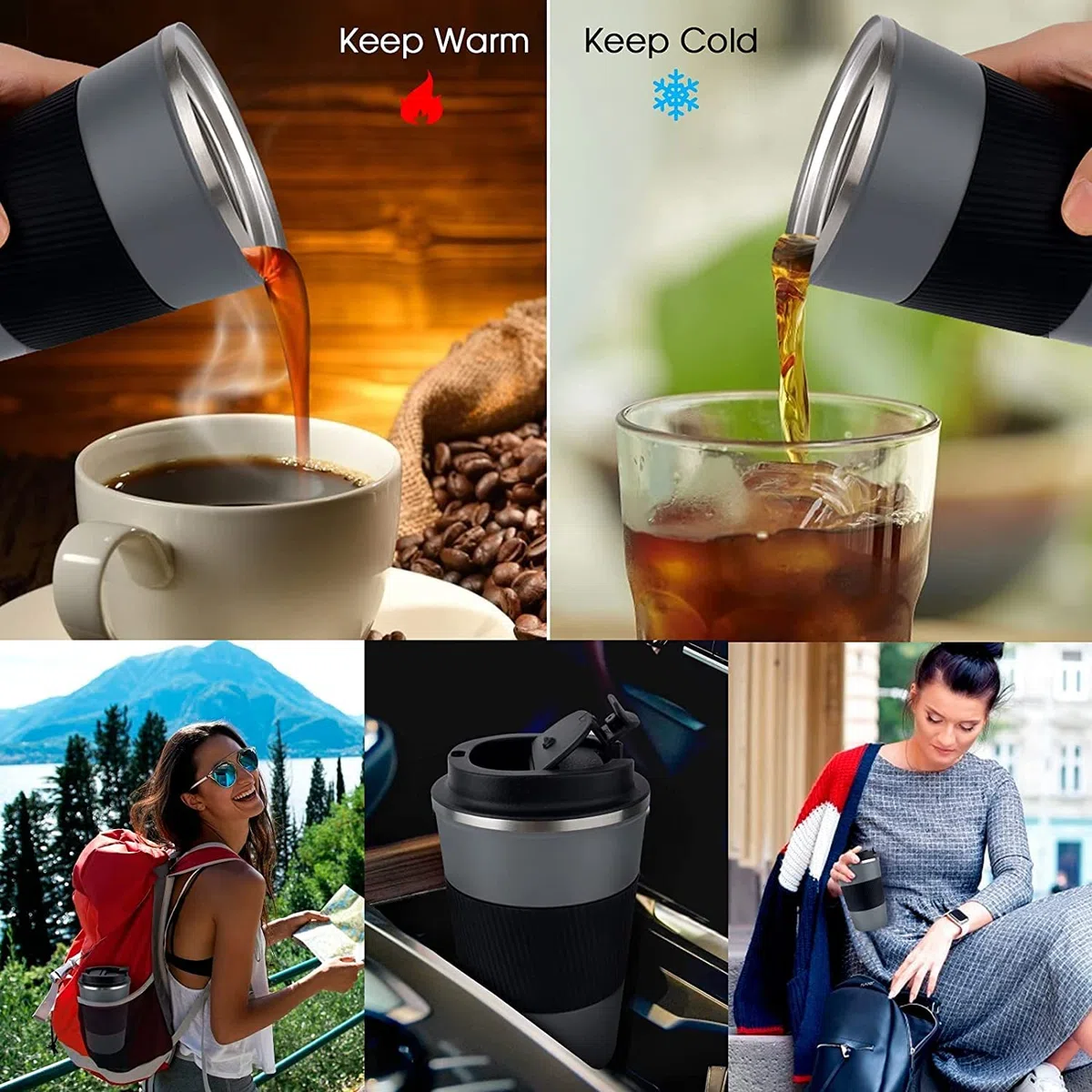 Tlater Tazza da viaggio isolata da 380 ml, con coperchi a tenuta stagna, tazza da viaggio per caffè, tazza da viaggio a doppia parete in acciaio inox, per bevande calde e fredde, caffè, acqua e tè