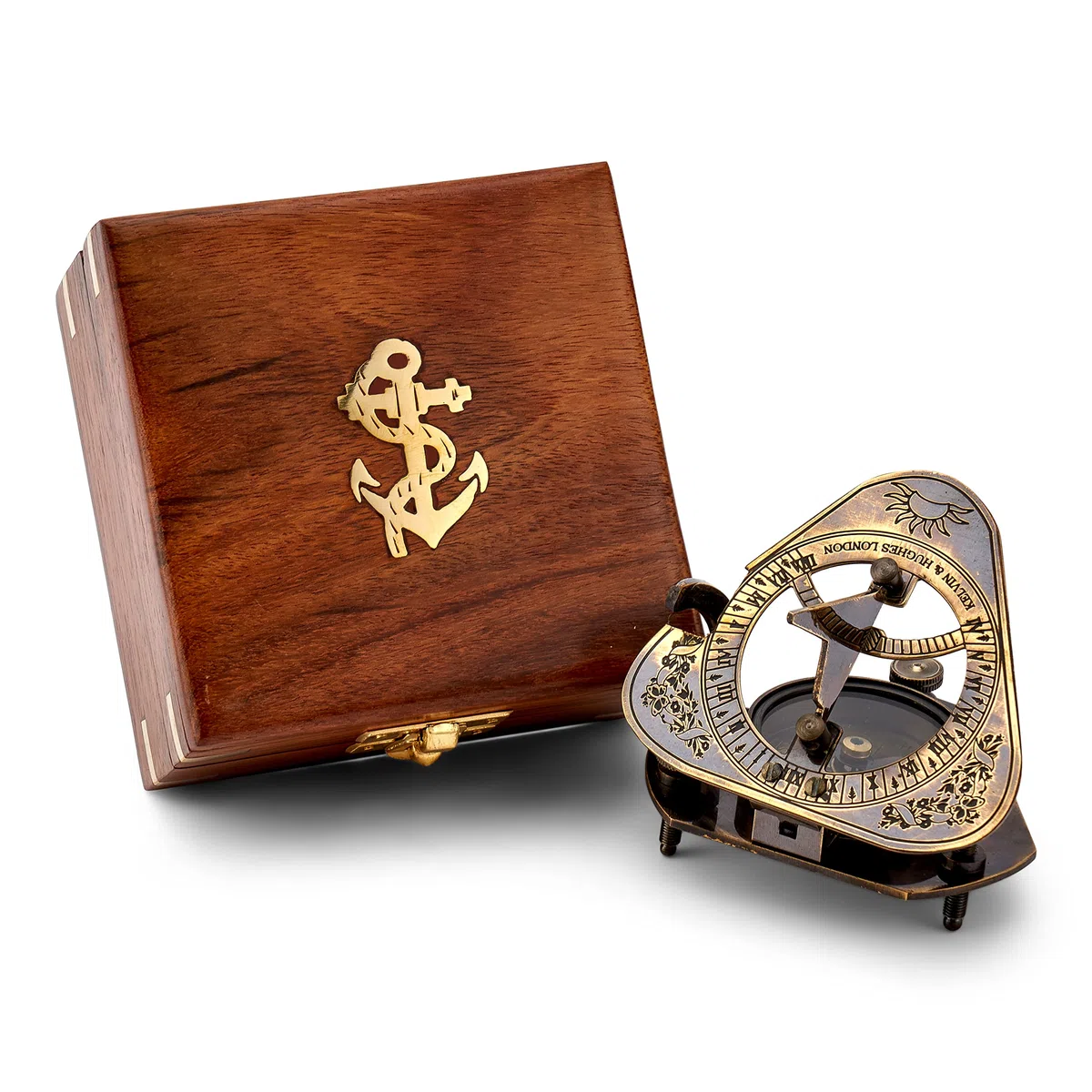 NKlaus bussola meridiana in ottone antico Roger's Rangers replica 8x8x6,5cm in scatola di legno 11680
