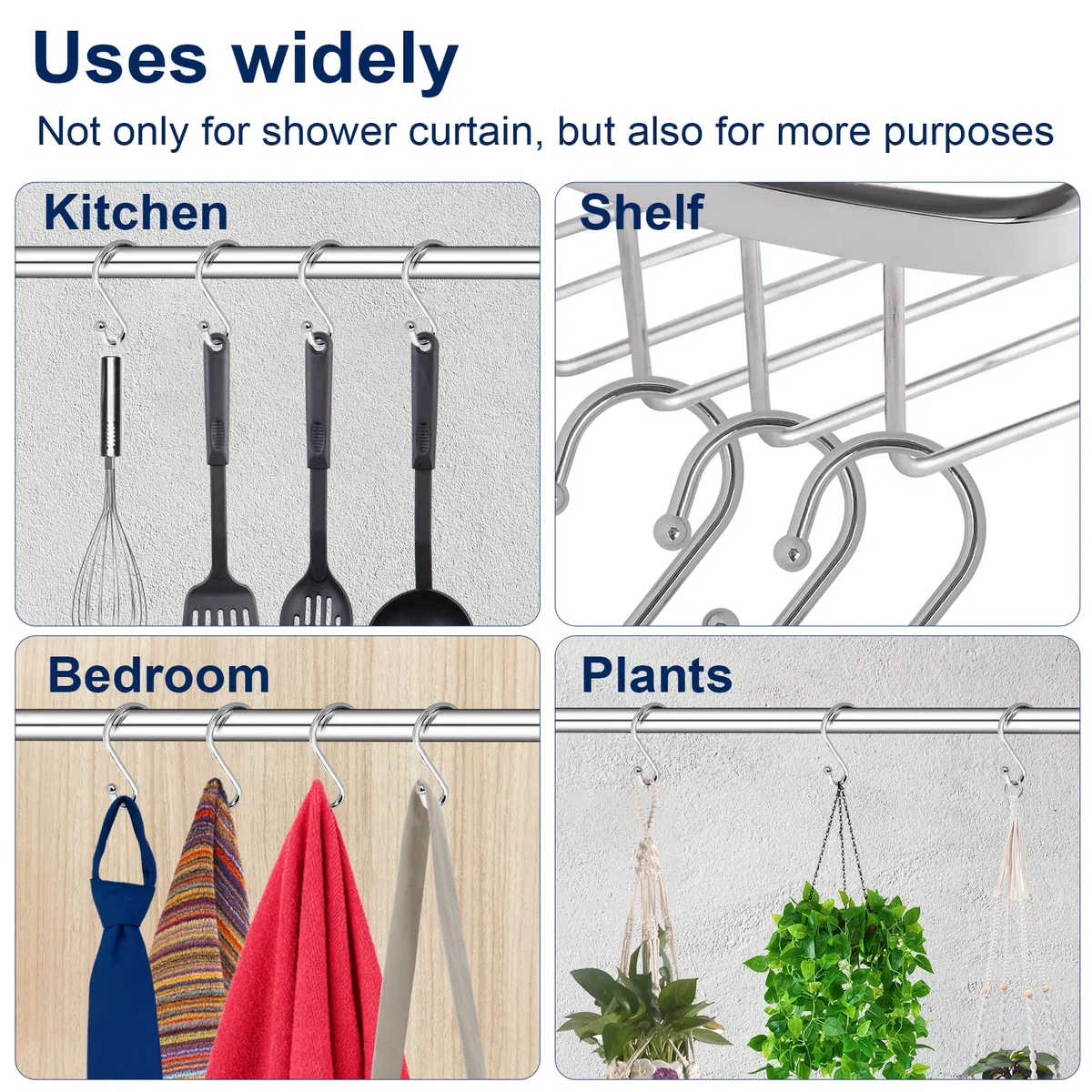 Metal Shower Curtain Hooks, Set of 12, Rust Proof Shower Curtain Hooks Rings, Durable S Shaped Hooks Hangers for Shower Curtains, Kitchen Utensils, Clothes, Towels (Chrome)