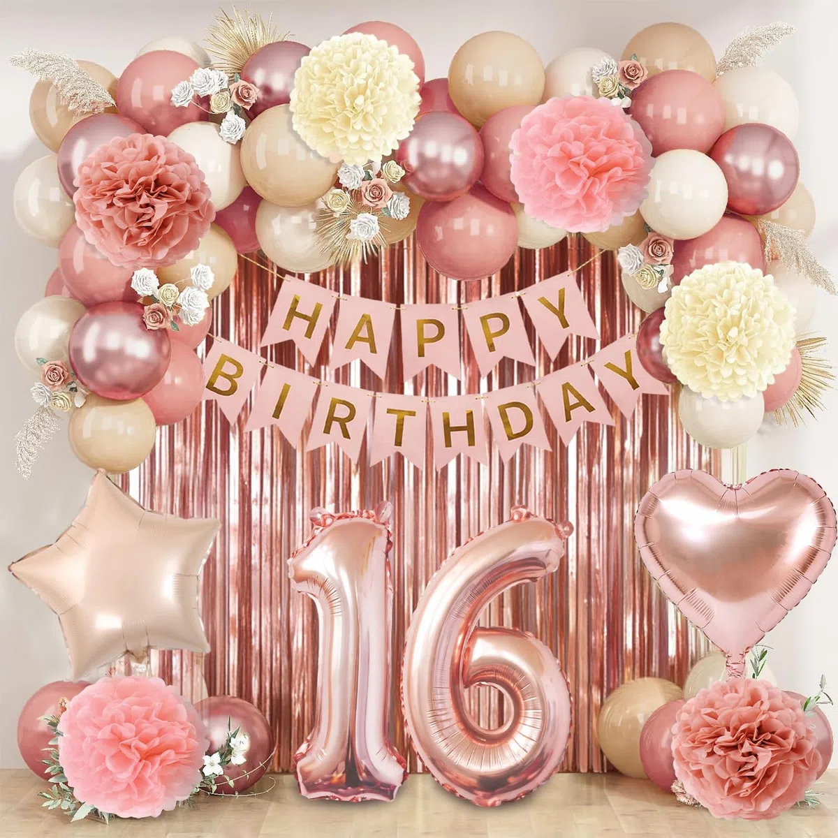 Decorazioni Compleanno 16 Anni Bambina, Palloncini Compleanno Oro Rosa con Striscione Buon Compleanno, Palloncini Cuore Stella Foil, Tende Metalliche Rosegold, Pompon di Carta Rosa per Ragazze