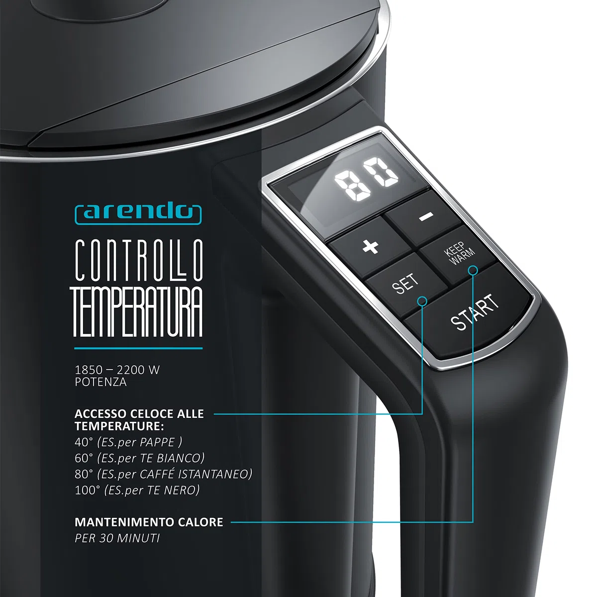 arendo - Bollitore Acqua Elettrico in Acciaio Inox - Modello Elegant - 1,5 Litri - 2200 W - Regolazidone della Temperatura da 40 a 100°C - Design a parete doppia - Nero