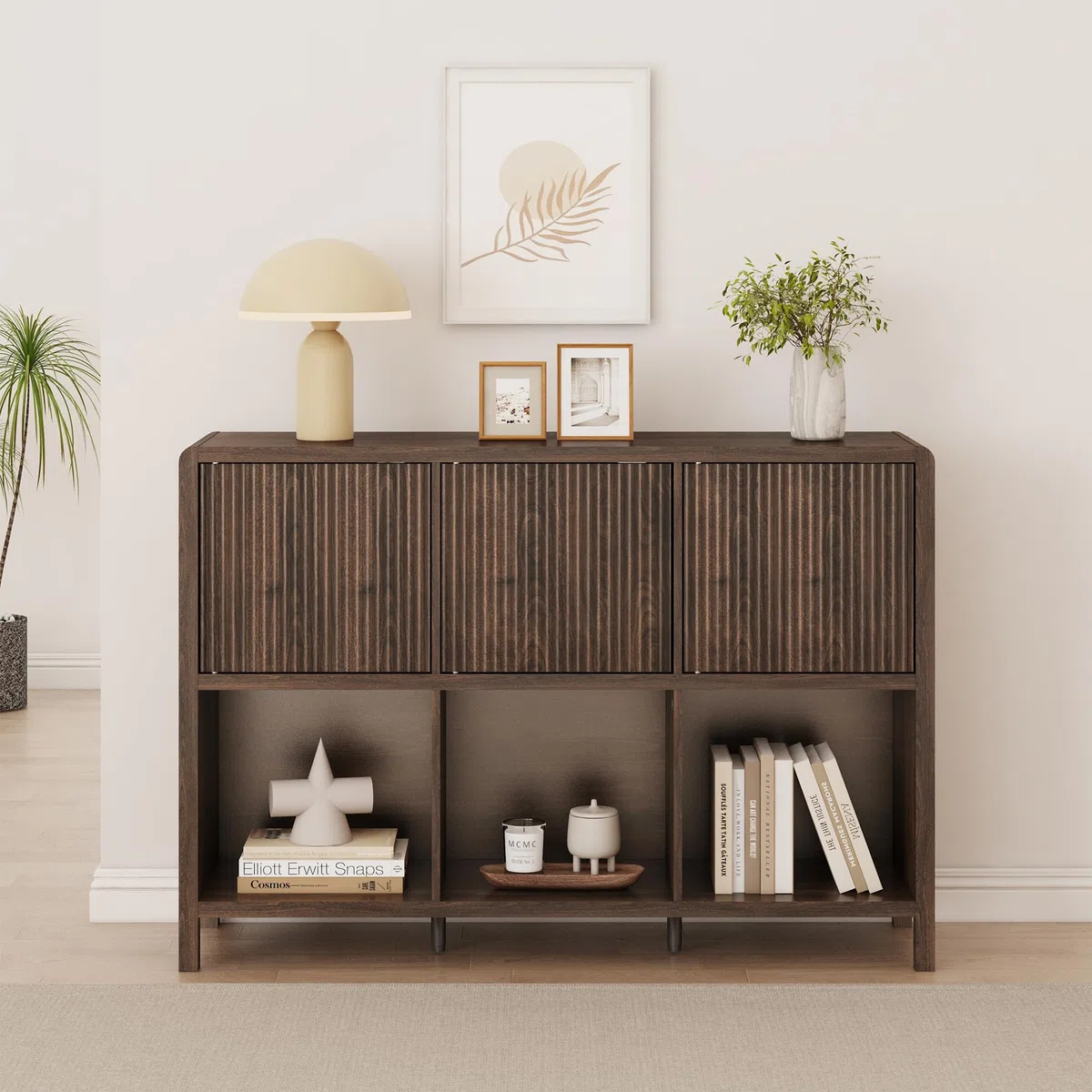 [en.casa] Credenza Bassa Mobile Contenitore con 3 Ante Decorative Push to Open e Scomparti Aperti Sideboard per Soggiorno Corridoio Studio 77x110x30 cm Effetto Noce