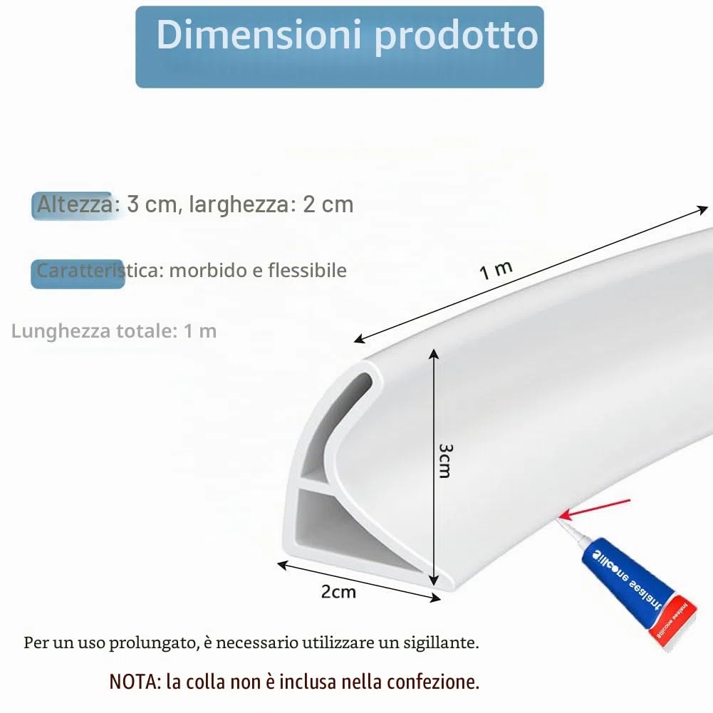Zayejod 1M Barriera Doccia Barriera per Acqua Autoadesivo, Bordo Vasca da Bagno Piatto Doccia Barriera per Doccia per Cucina Bagno e Toilette(Bianco, 3cm Hx2cm W)