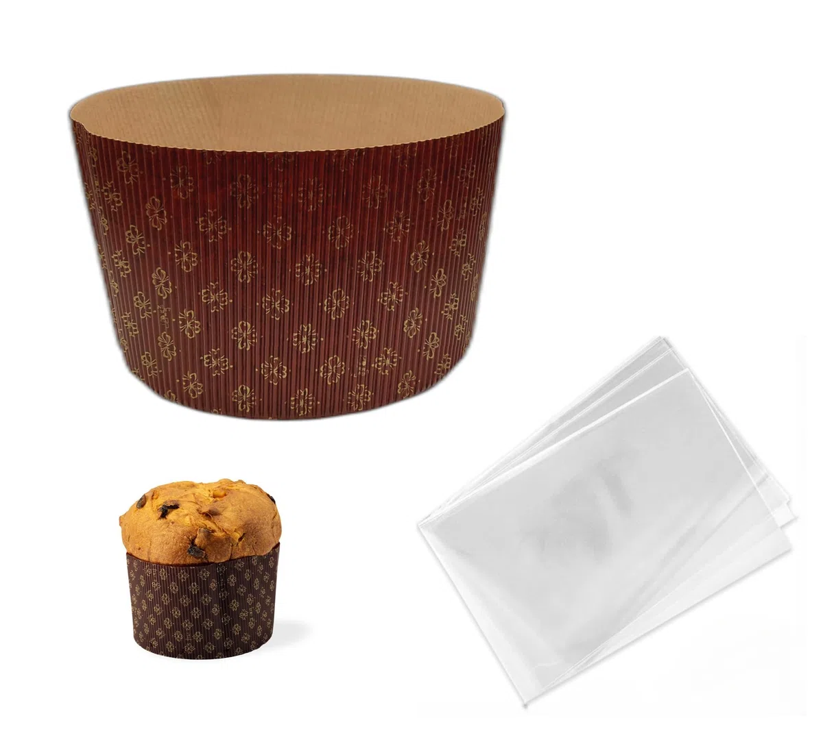 OPIROS Stampi Per Panettone Alto Rigato Ondulato Pirottini In Carta Per Cottura Forno Lievitati Dolci Di Natale (Pz. 5 Stampi + Pz. 5 Buste, Kg. 1)