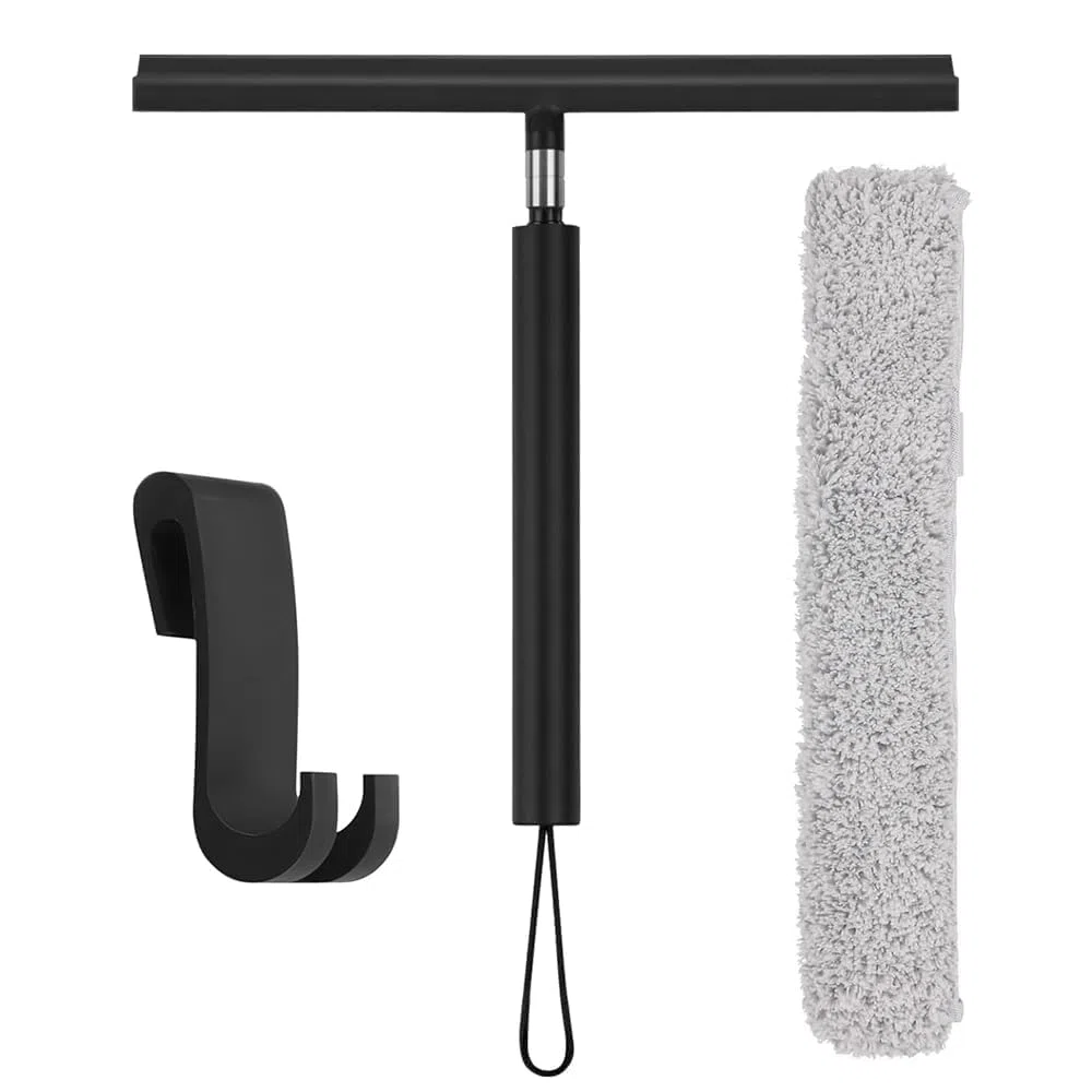 Lavavetri Telescopico 30-140cm, Tergivetro per Doccia, Tira Acqua da Doccia e Pavimenti, con Copertura in Tessuto e Gancio, Accessori Bagno per Pulizia Vetri Finestre, Specchi e Auto