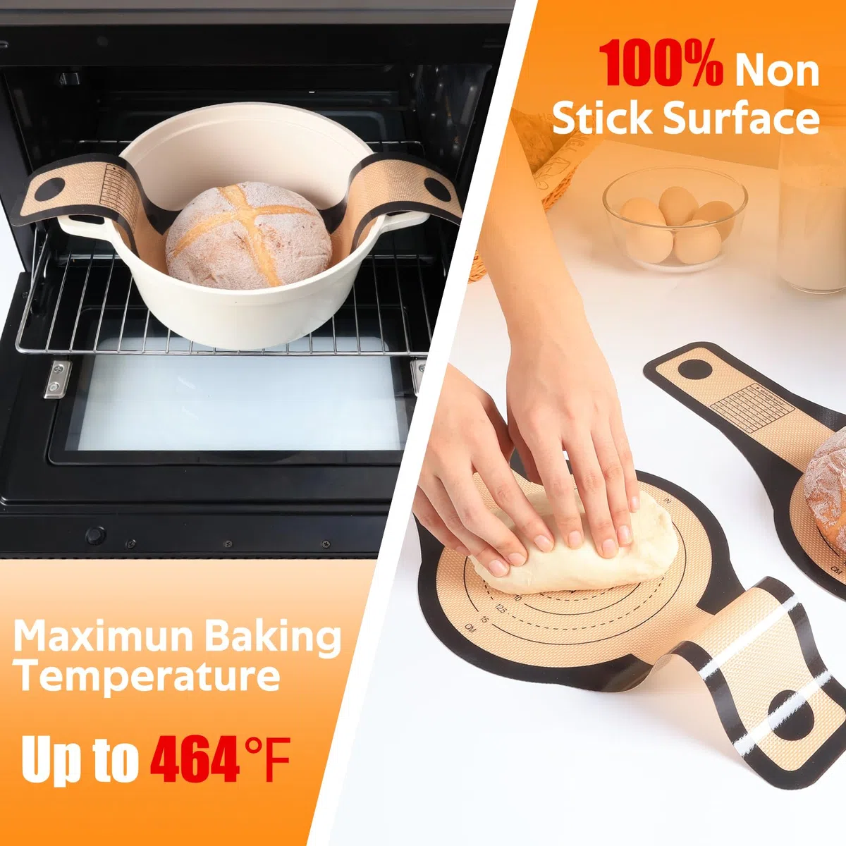 SUPER KITCHEN 3 Pezzi Tappetino in Silicone per Forno 2 Dimensioni 24cm 21cm per Forno Olandese con Manici Lunghi per Pasta Madre Biscotti Baking (Nero)