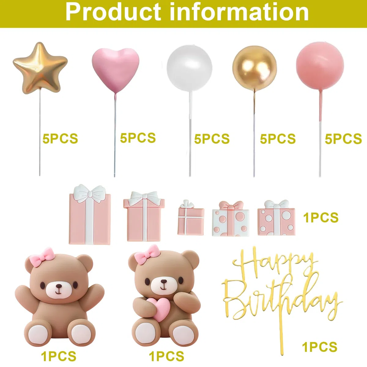 Nizirioo 33 Pezzi Decorazioni per Torte: Decorazioni con Orso Bruno, Compleanno, Topper Foam Ball Torta, Topper per Torta Rosa Set per Baby Shower e Festa di Compleanno