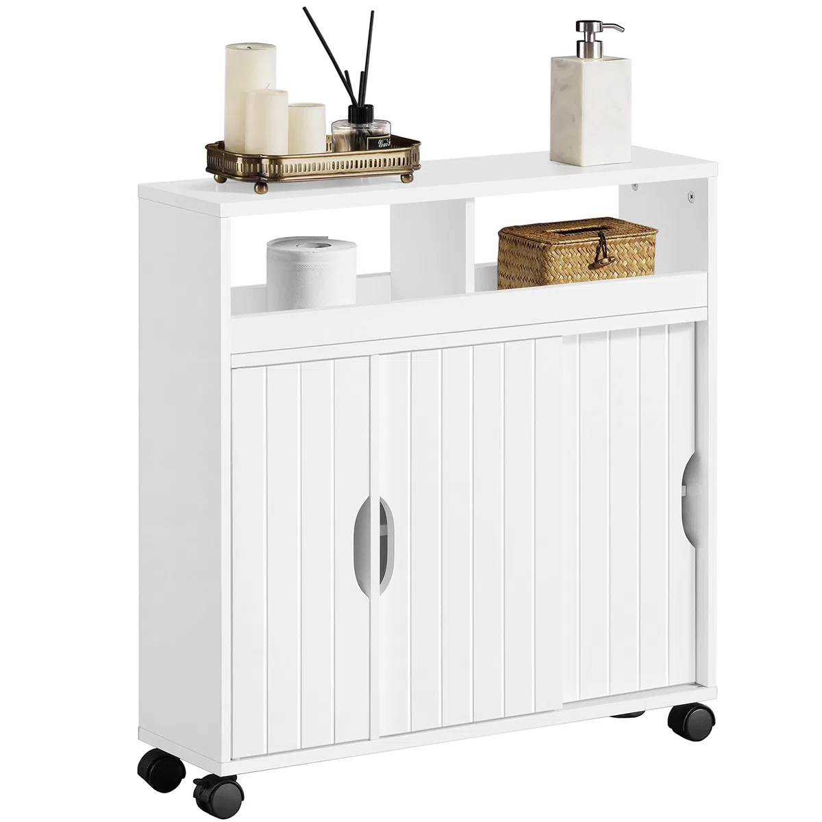 Yaheetech Mobile da Bagno con Ruote Armadietto da Terra con Ante Scorrevole Mobiletto in Legno con Ripiani Multilivello 20 x 70 x 72 cm Armadio Portaoggetti Bianco