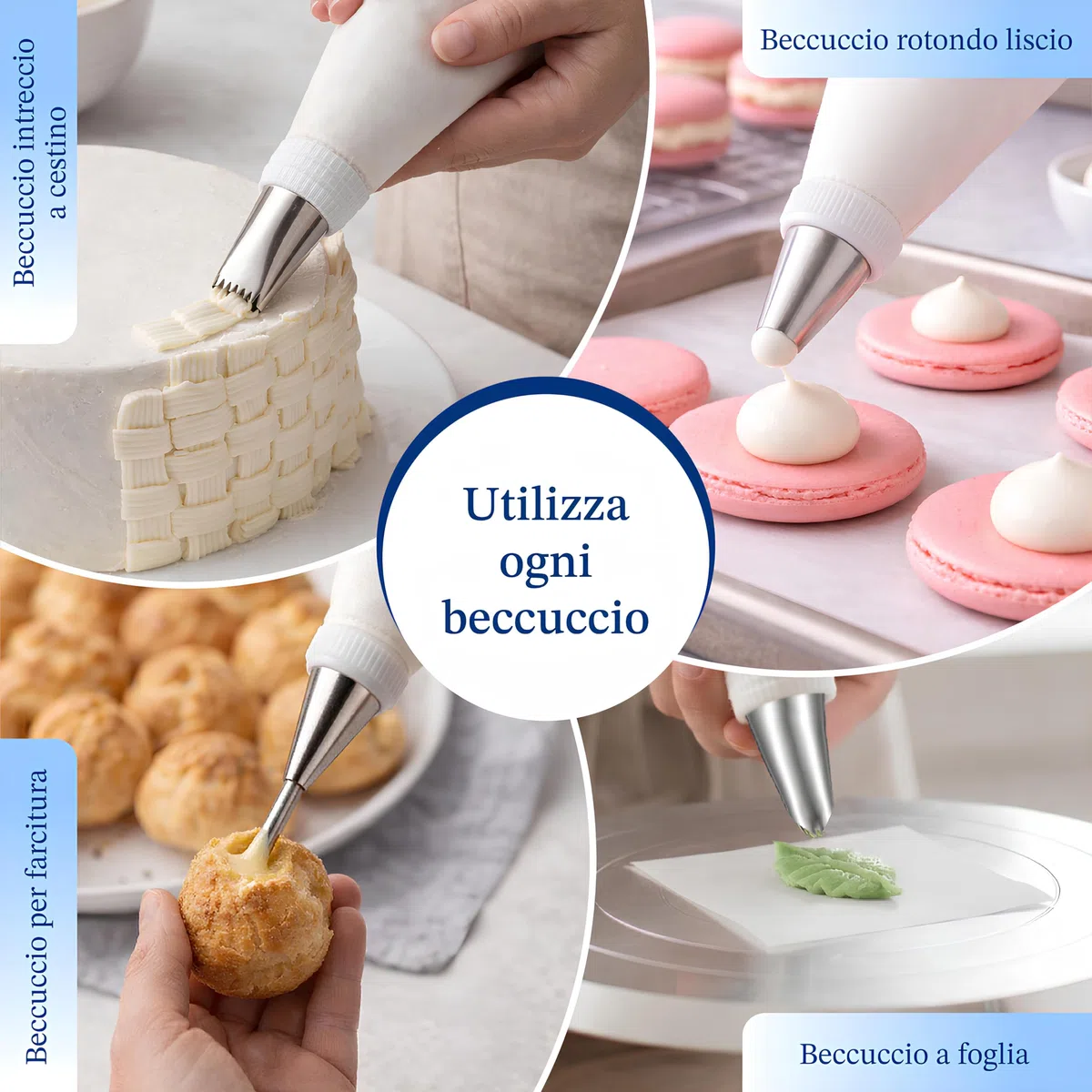 Sac à Poche Riutilizzabile Professionale in Cotone Extra Resistente Set con 10 Beccucci in Acciaio Inox 304 + 2 Spazzole Ideale per Torte e Cupcake