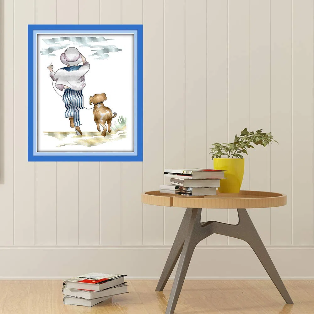 Kit Punto a Croce 11CT Tessuto Stampato 27x35cm Kit Ricamo Fai da te Ingresso emplice - Stampa Per Ragazze Artigianato Articoli DMC Ricamo - Un ragazzo e il suo cane