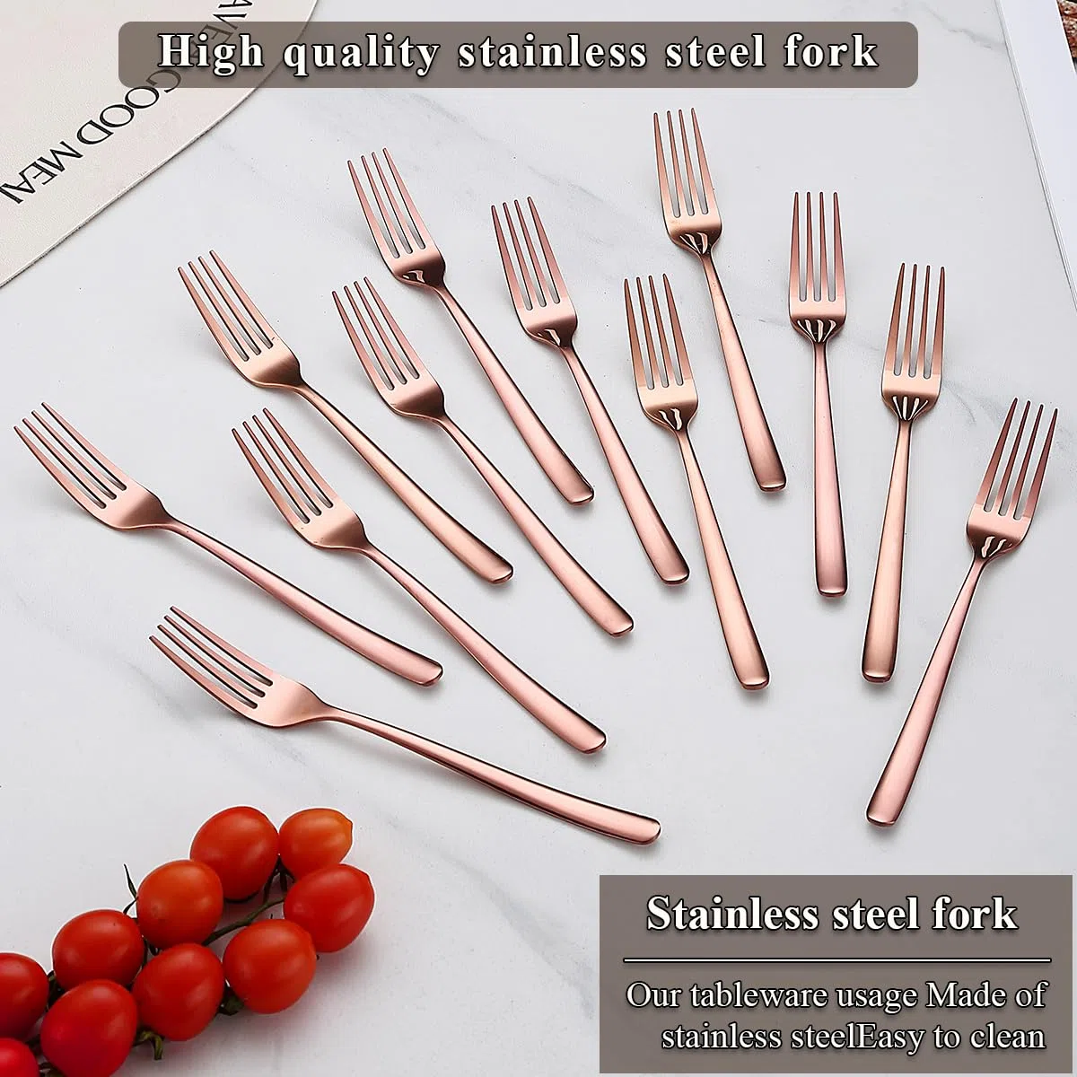 Evanda Set di 12 forchette da tavola color oro rosa, 18,3 cm, in acciaio inox placcato in rame e titanio, per casa, ristorante, hotel, lavabili in lavastoviglie