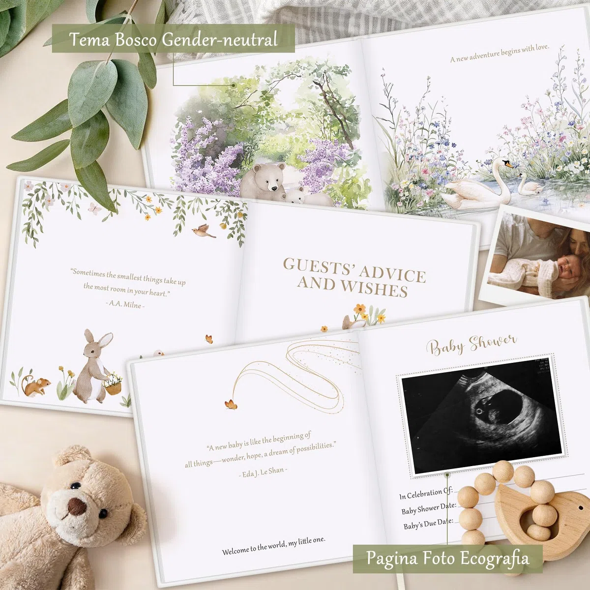Lanpn Libro degli Ospiti per Baby Shower & Gender Reveal, Baby Shower Guest Book, Tema Neutro Animali Bosco, Album Ricordi con Messaggi, Auguri e Foto per Futuri Genitori, Inglese, 114 Pagine