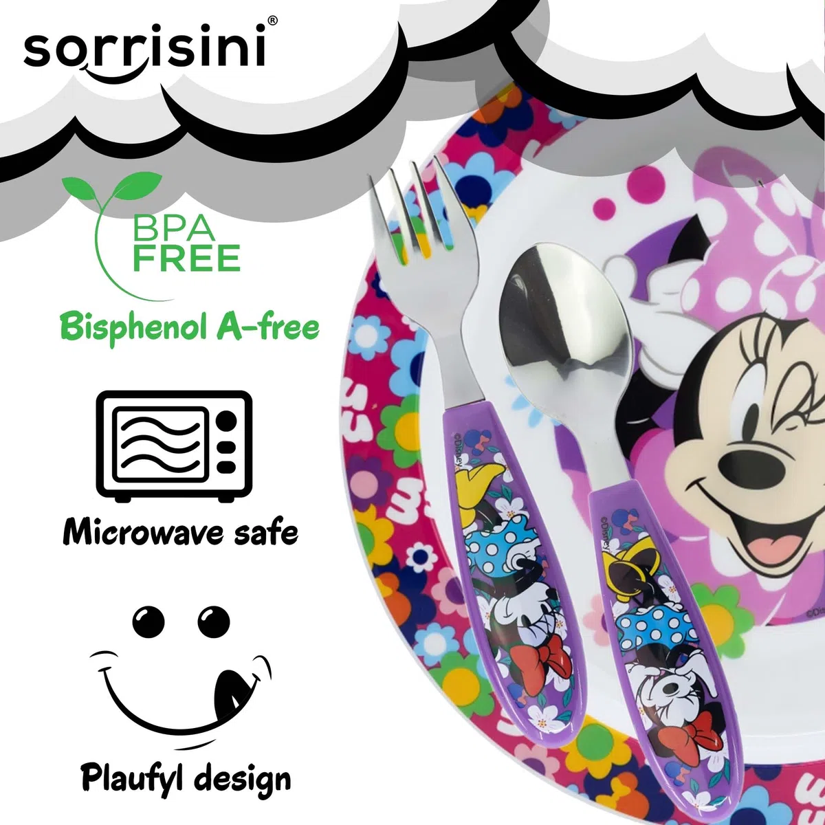Set di Stoviglie Riutilizzabile, Set Piatti 3 Pezzi, Set Stoviglie con Piatto, Posate in Acciaio Inox, Piatti in Plastica Adatti per Microonde, Minnie
