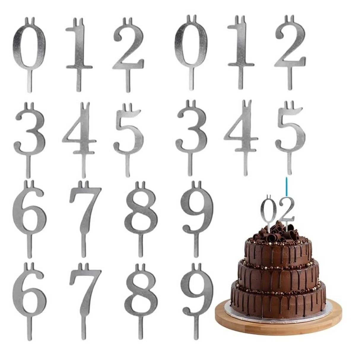 Set di Porta Torta con Candeline Numeriche per Compleanno, Rinnovabile, in Argento 0-9, Decorazioni per Feste di Compleanno e Celebrazioni