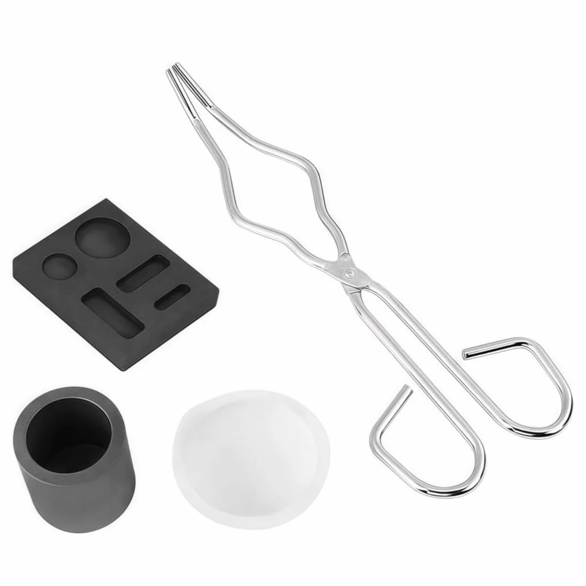 4 Pezzi Set di Crogiolo per Forno Fusione Metalli, Stampo Crogiolo Pinza per Crogiolo, Bowl, Stampo per Piastre in Grafite. Kit Fusione Oro, Argento e Leghe Resistente Alte Temperature