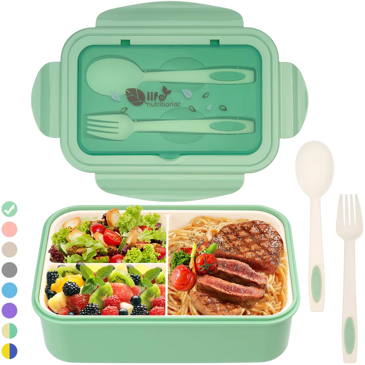 BIBURY Porta Pranzo, Lunch Box Prova di Perdite per Bambini e Adulti, Bento Box con 3 Scomparti e Posate(Forchetta e Cucchiaio), Portapranzo, Sicuri per Microonde e Lavastoviglie - Verde