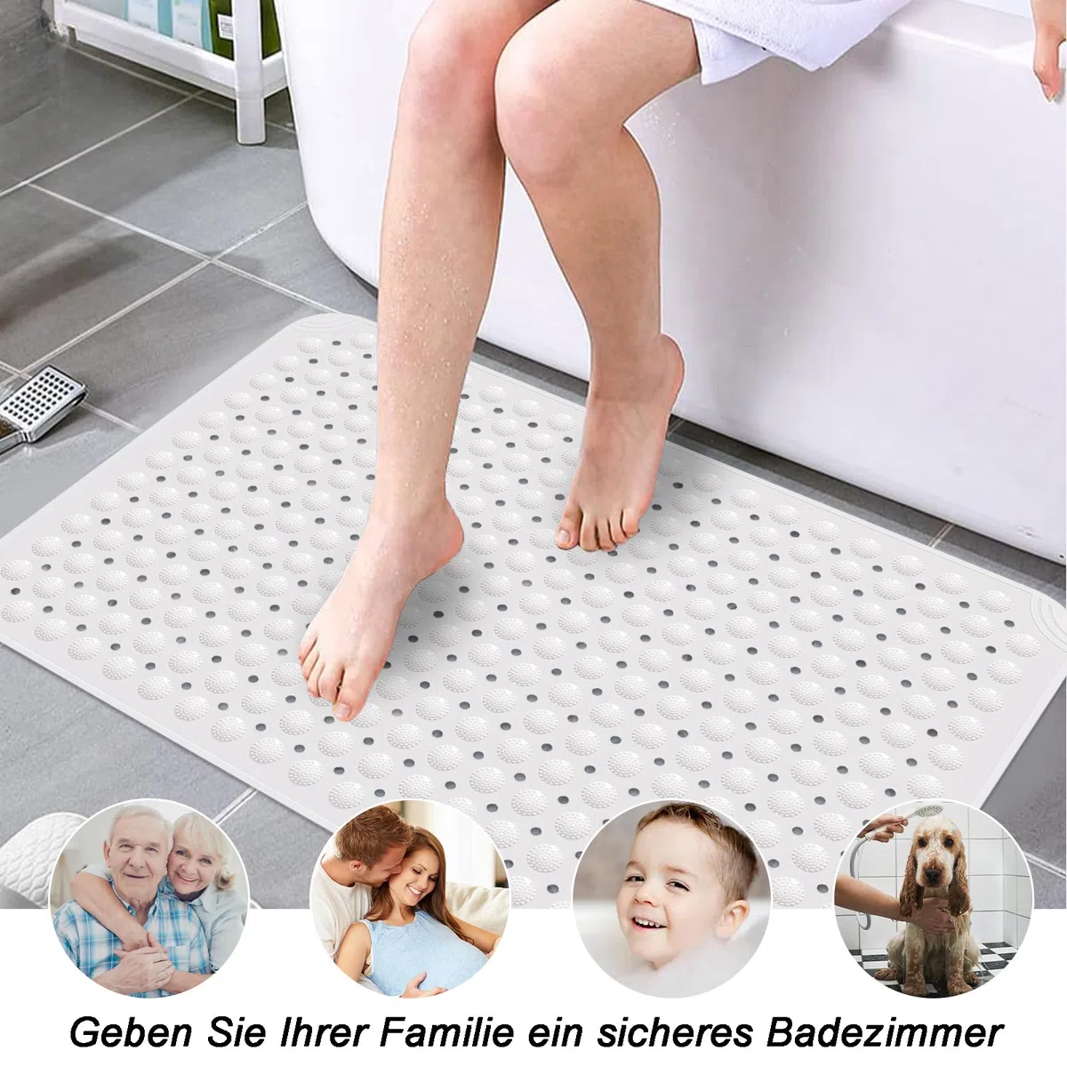 Tappetino da doccia antiscivolo, 60 x 90 cm, con ventosa, tappetino da doccia lavabile in lavatrice, tappetino antiscivolo in PVC, tappetino antiscivolo per sauna, con 2 ganci, bianco