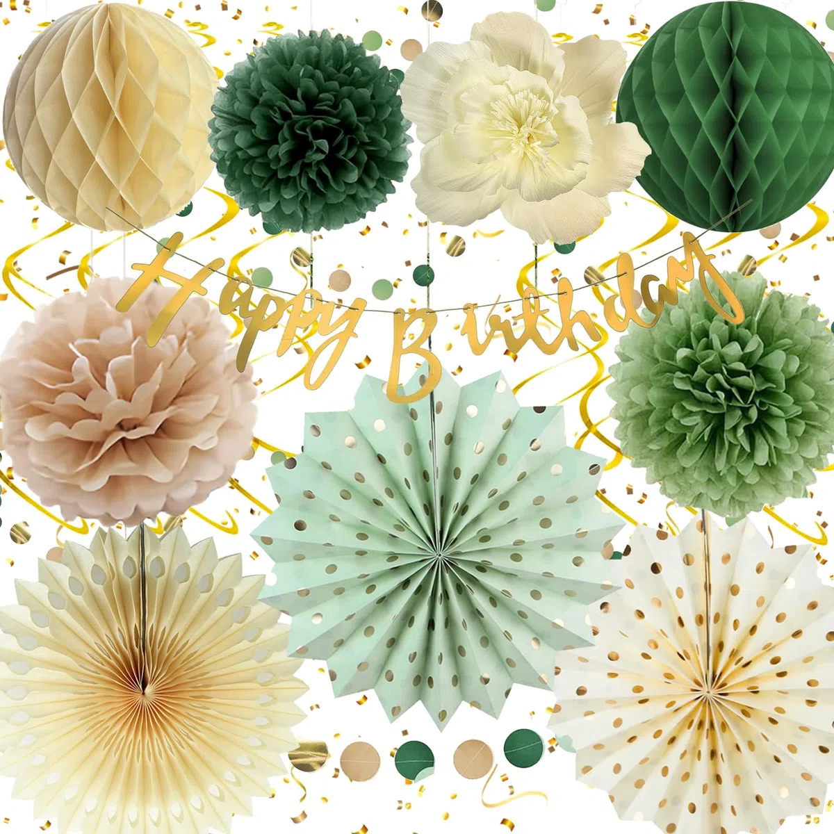 Decorazioni Compleanno Verde, Addobbi Compleanno Verde Beige, Buon compleanno, Happy Birthday Ghirlanda, Fiori di Carta, Ventaglio di Carta Festa Compleanno per Ragazza Donne Ragazzi Uomini