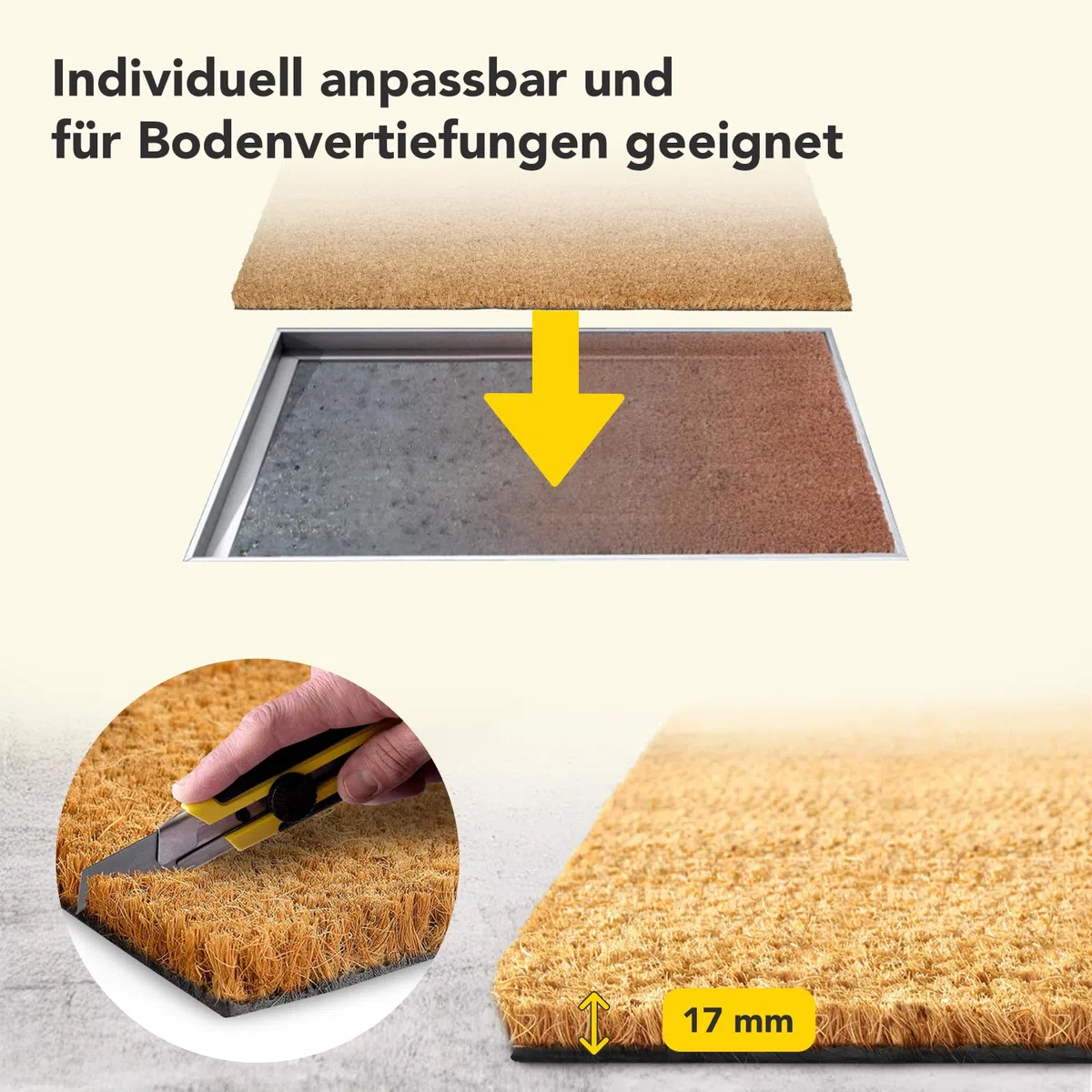 KARAT Zerbino per Interni ed Esterni, in Cocco – Zerbino in Cocco – Protezione Invernale con Retro Antiscivolo per Porta di casa, Naturale, 60 x 90 cm, 1,7 cm