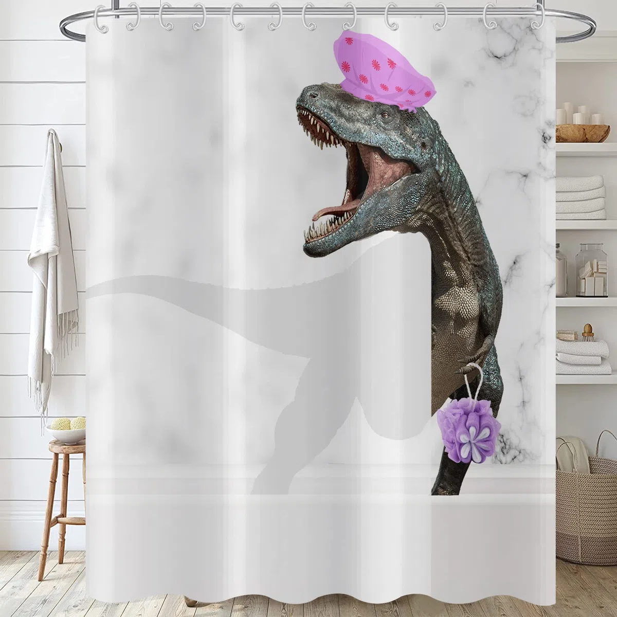 Tenda da doccia divertente dinosauro 180x200, grigio e bianco marmo tenda da bagno carino bagno Dino Raptor bambini creativo moderno impermeabile poliestere tessuto lavabile tenda da bagno