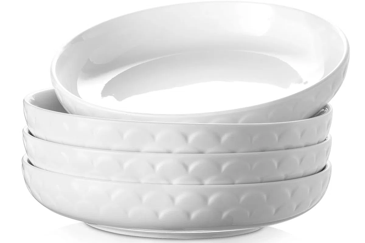 DOWAN Set da 4 Piatti Piani, 1600 ml Grandi Ciotole per Pasta, Insalatiere è Fruttiere in Porcellana, Piattini da Pane è Dessert, Adatto al Microonde & Lavastoviglie, Ø25 cm x H5.0 cm-Bianco