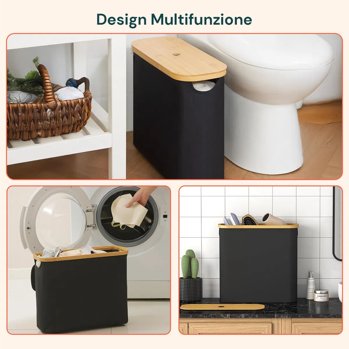 Avilia - Porta Carta Igienica in Tessuto Nero con Coperchio in Bambù Naturale, Design Elegante e Compatto per Accessori Bagno, Facile da Spostare e da Pulire, Capienza fino a 12 Rotoli
