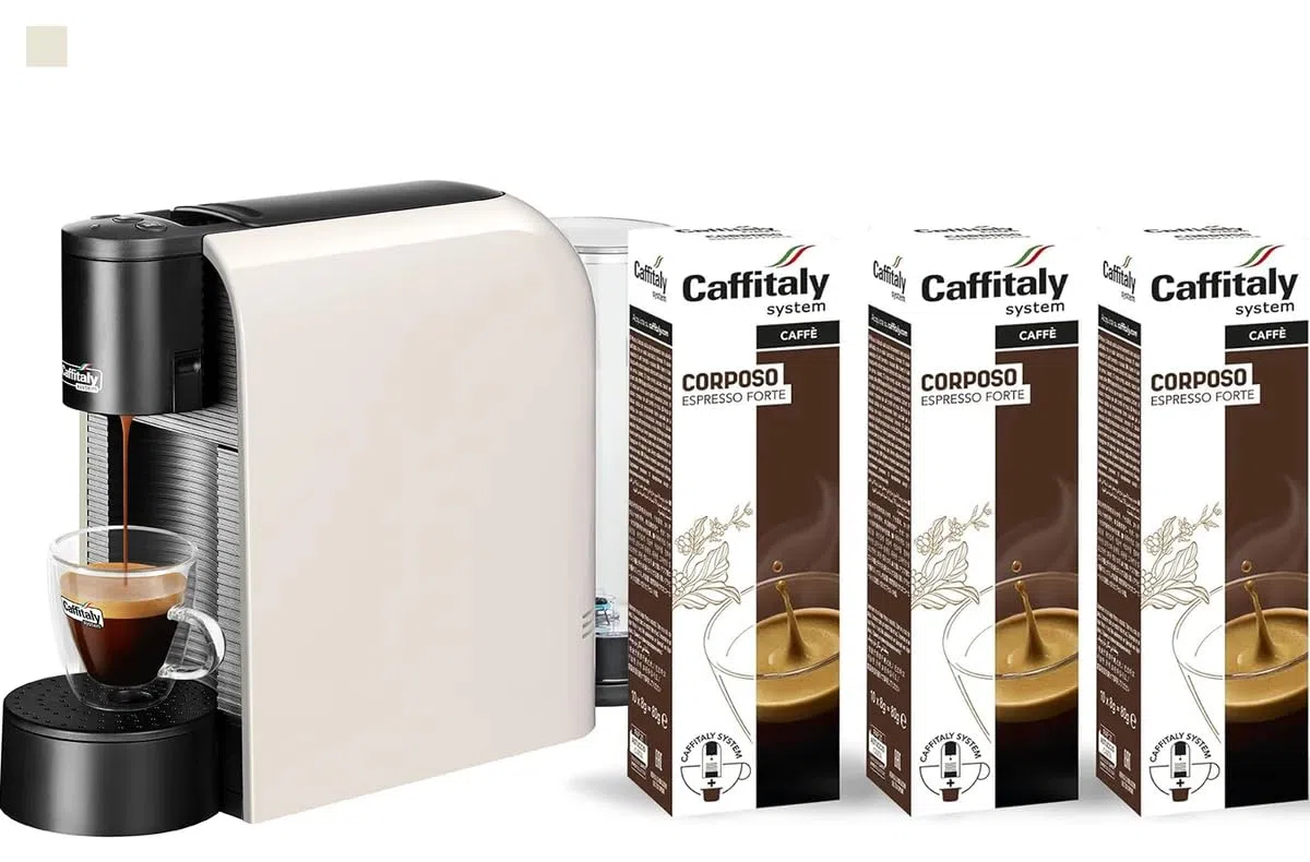 Caffitaly, Macchina da Caffè Volta Bianca, 30 Capsule di Caffè Corposo Incluse, per Macchine Originali, Ideale per Preparare Caffè e Bevande Calde